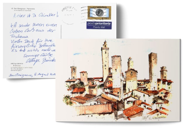 Testimonial über die erfolgreiche Behandlung durch Dr. Johannes Gründler - Postkarte mit einem Bild einer Stadt in der Toskana