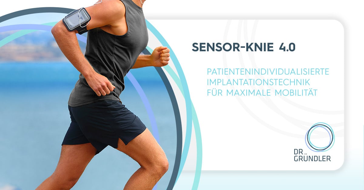 Sensor Knie 4.0 - Sportler läuft mit Smartphone am Oberarm, rechts daneben "Patientenindividualisierte Implantationstechnik für maximale Mobilität"