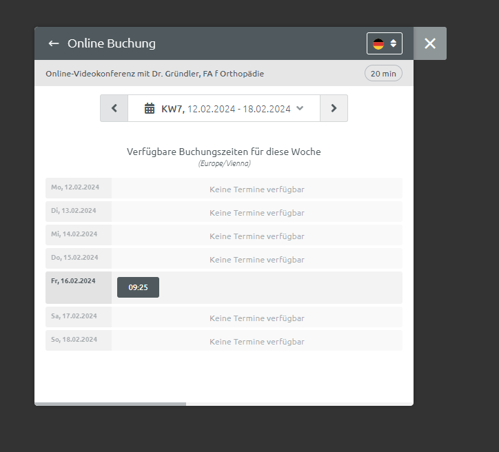 Screenshot des Online Buchungssystems von Dr. Gründler